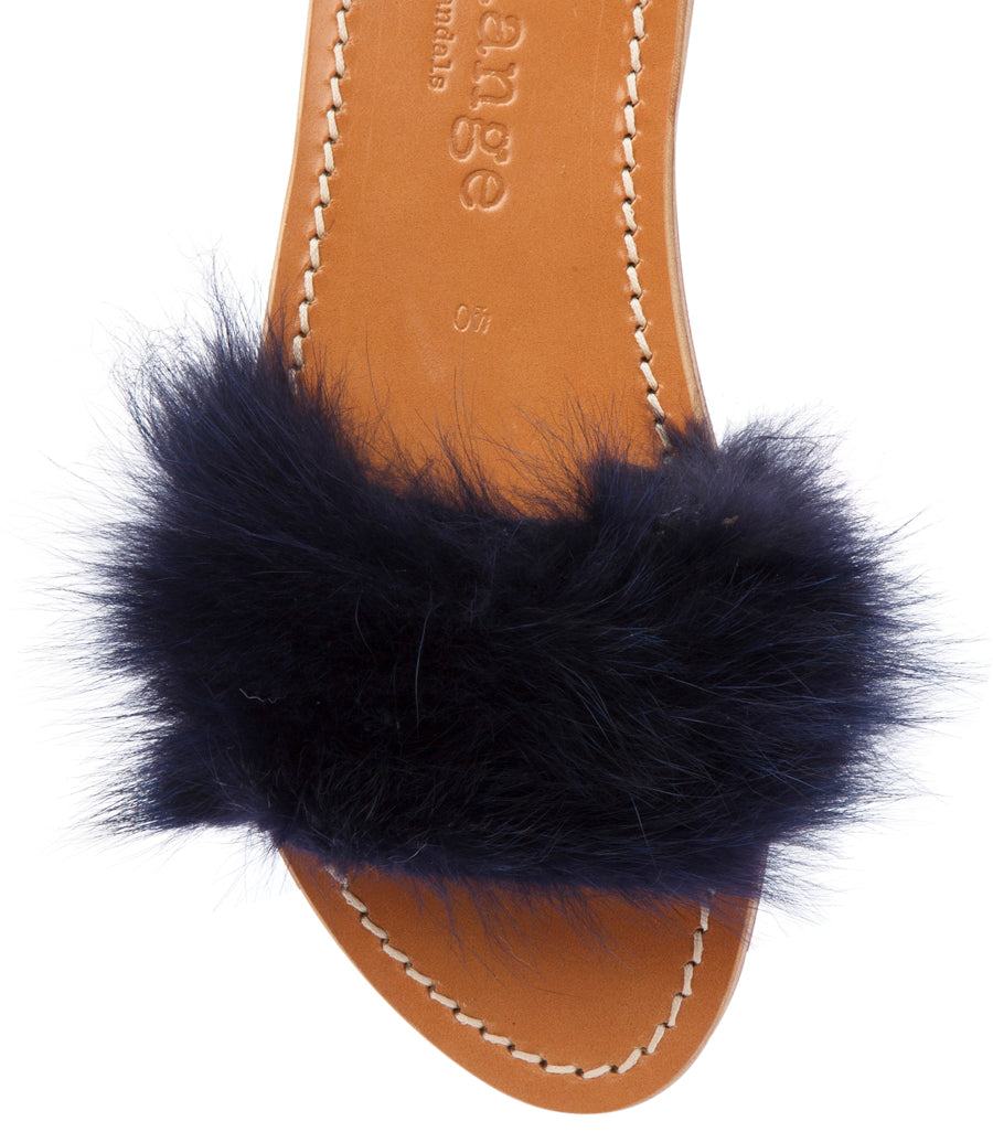 STRIPE FUR TRIMMED FLIP FLOP SANDALS BLUE