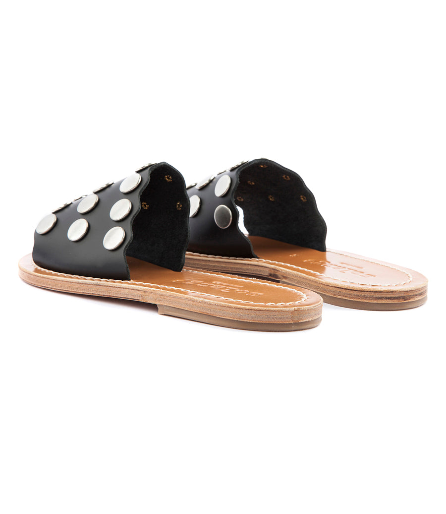 STRIPE STUDDED SLIDE SANDALS FT WAVY HEM BLACK