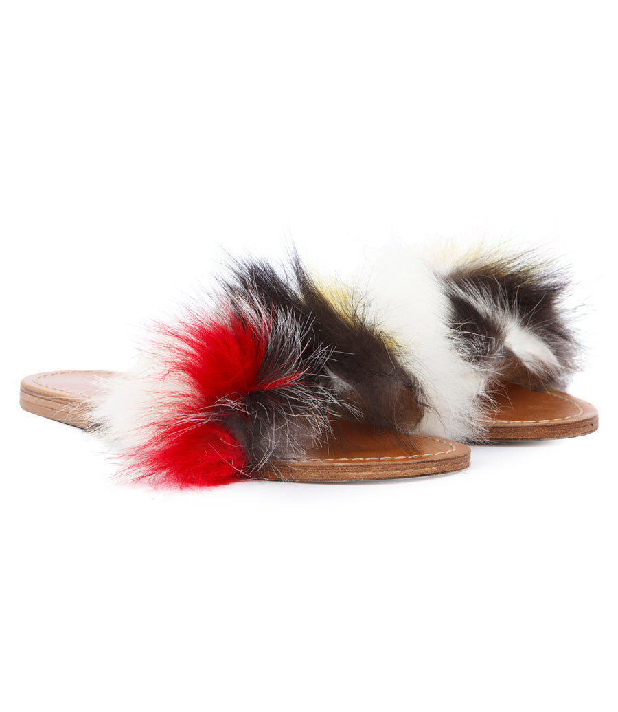 STRIPE FUR TRIMMED FLIP FLOP SANDALS MULTI