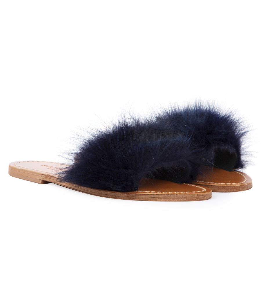STRIPE FUR TRIMMED FLIP FLOP SANDALS BLUE