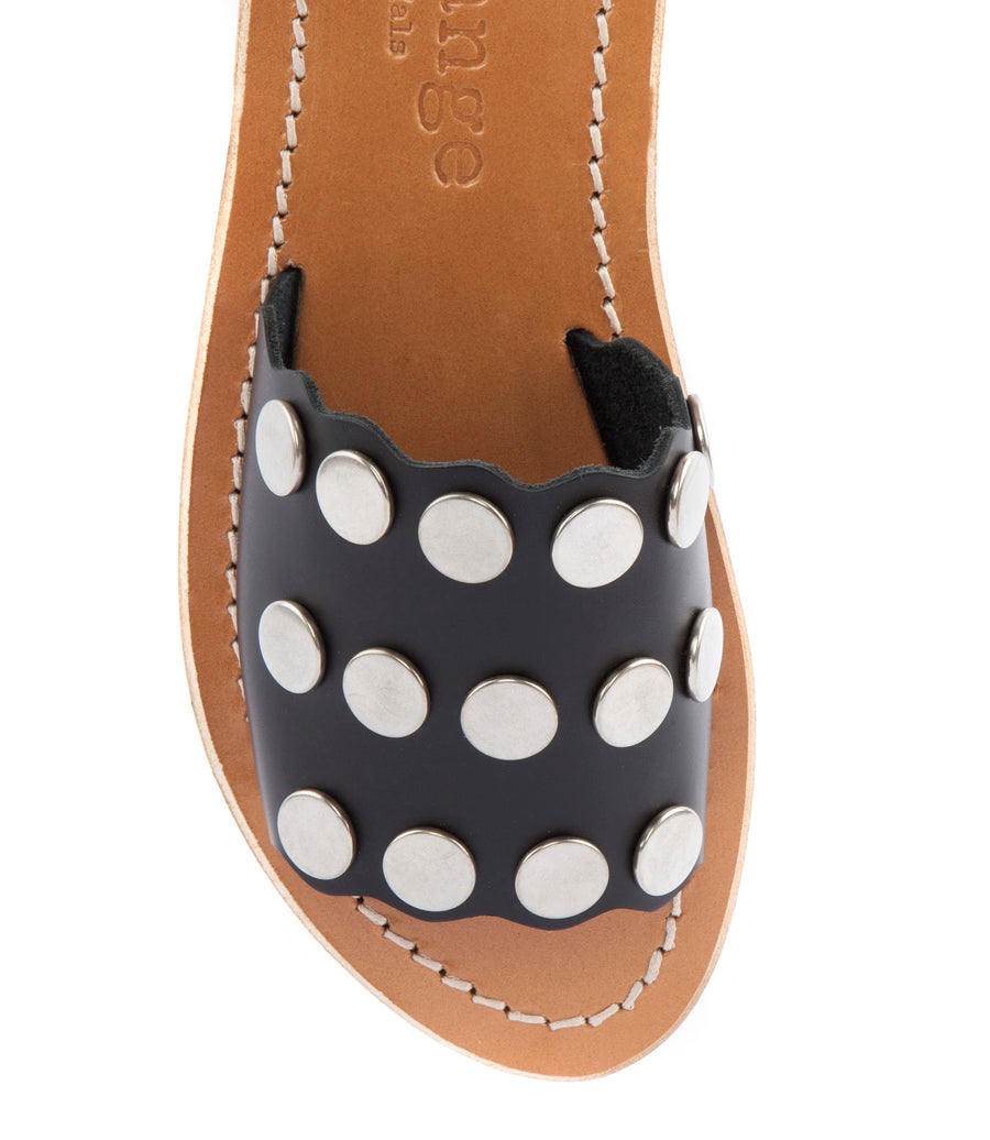 STRIPE STUDDED SLIDE SANDALS FT WAVY HEM BLACK