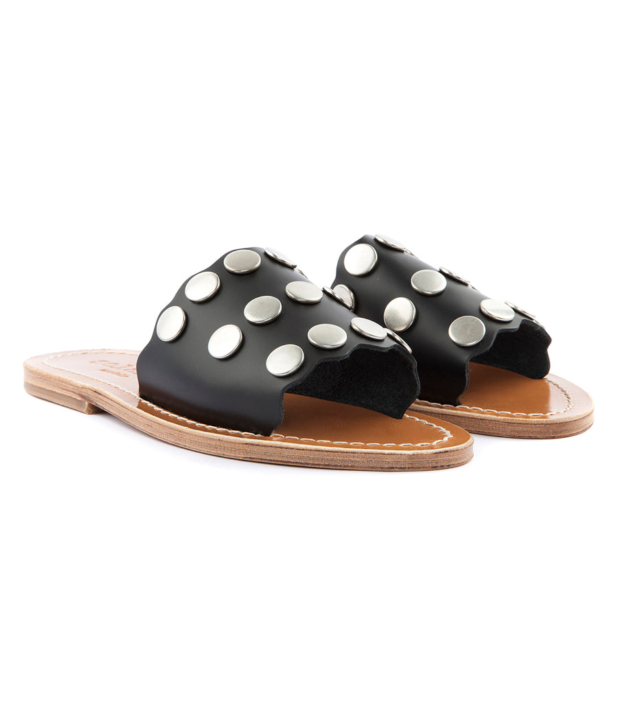 STRIPE STUDDED SLIDE SANDALS FT WAVY HEM BLACK