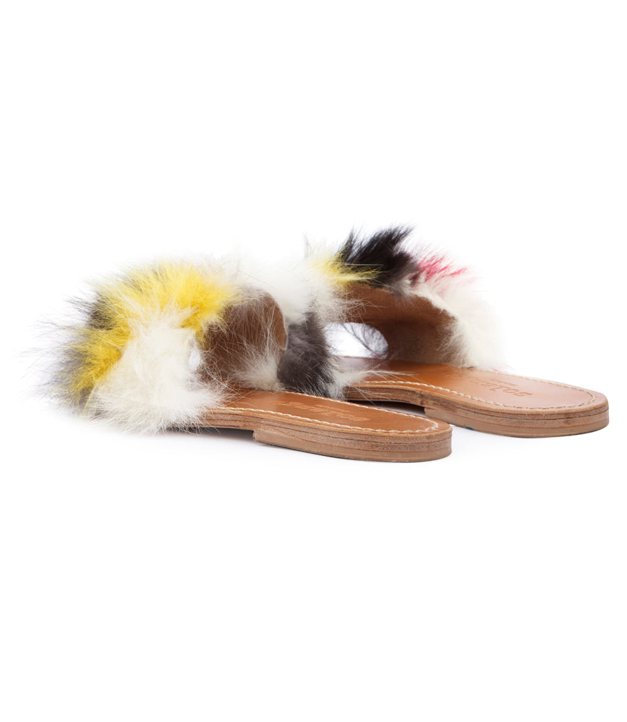 STRIPE FUR TRIMMED FLIP FLOP SANDALS MULTI
