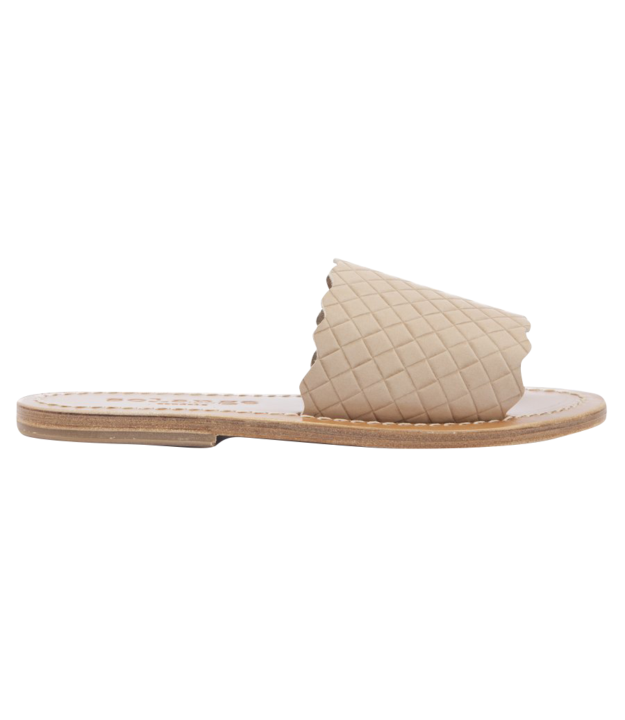 STRIPE SLIDE SANDALS IN TEXTURED LEATHER FT WAVY HEM