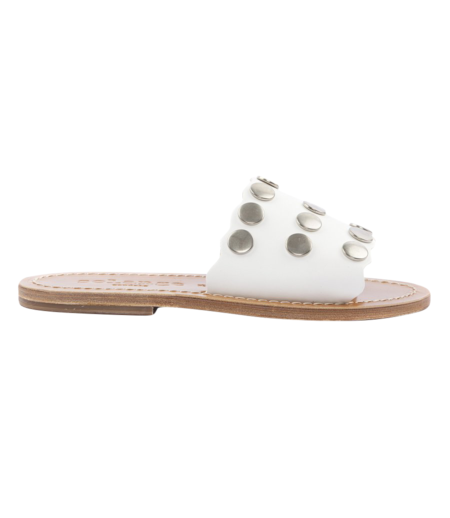 STRIPE STUDDED SLIDE SANDALS FT WAVY HEM WHITE