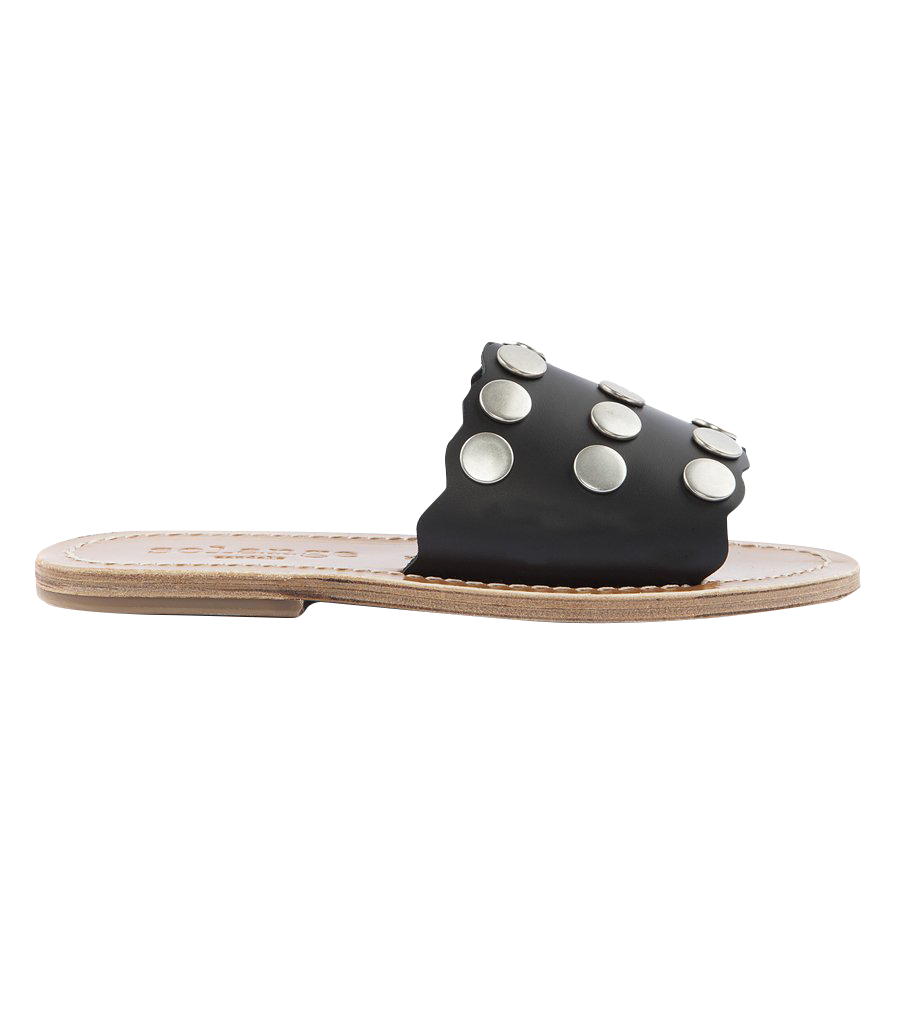 STRIPE STUDDED SLIDE SANDALS FT WAVY HEM BLACK